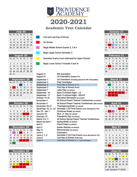 Providence Academic Calendar