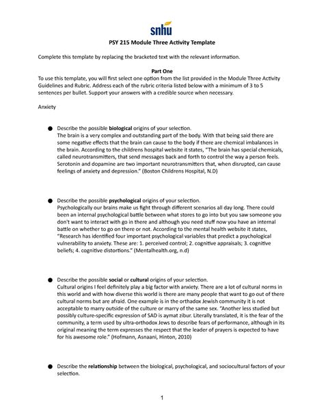 Psy 215 Module Three Activity Template