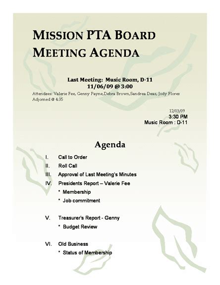 Pta Agenda Template