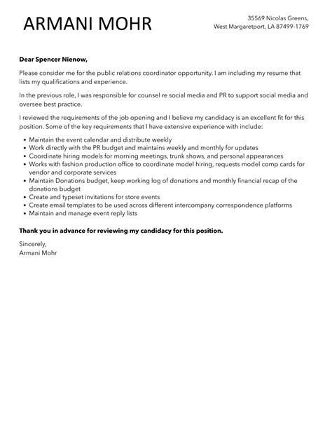 Public Relations Coordinator Cover Letter