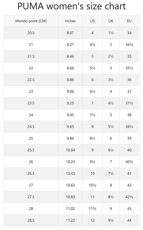 Puma Size Chart Women
