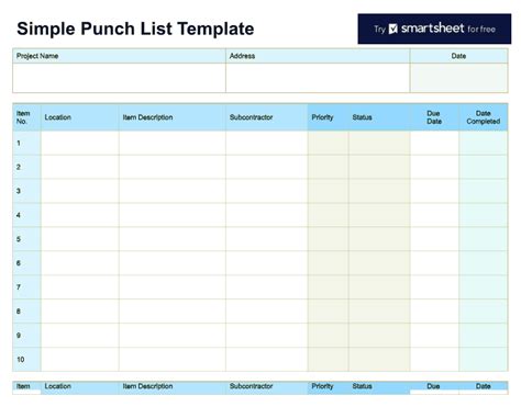 Free Punch List Templates Smartsheet