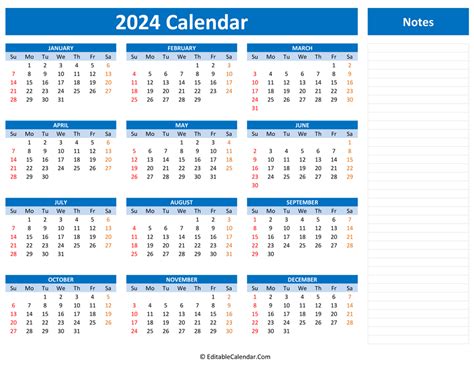 2024 Calendar with US Holidays at bottom (Landscape Layout)