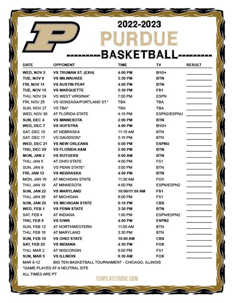 Purdue Basketball Printable Schedule