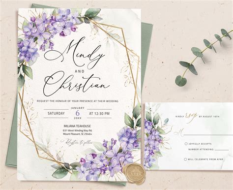 Lilac Wedding Invitation template, Lavender Wedding Invitation, Purple