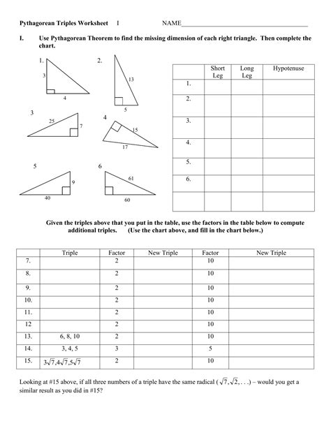 Pythagorean Theorem Triples Worksheet