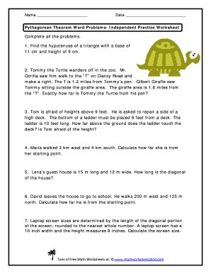 Pythagorean Theorem Word Problems Independent Practice Worksheet Answer