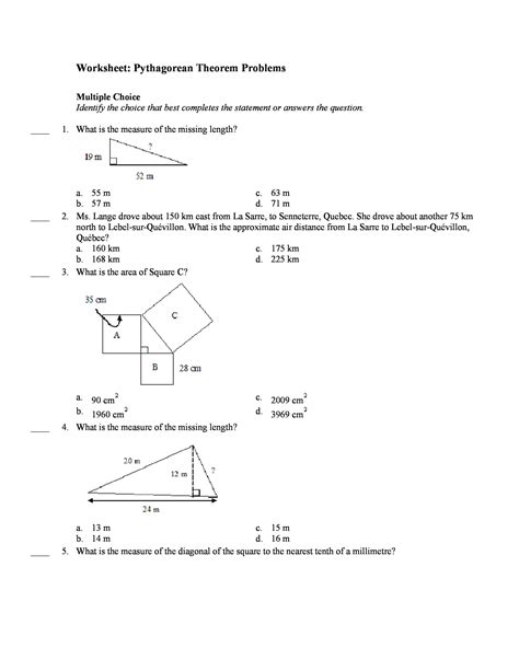Pythagorean Theorem Word Problems Worksheet With Answer Key Download