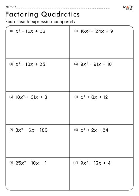 Quadratic Equation Factoring Worksheet