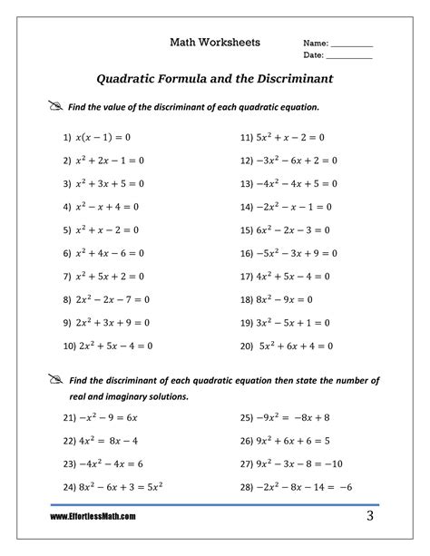 Quadratic Formula And Discriminant Worksheet