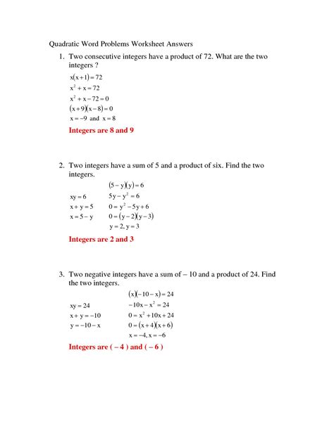 Quadratic Formula Word Problems Worksheet Answers Math — db-excel.com