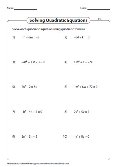 Quadratic Formula Worksheets