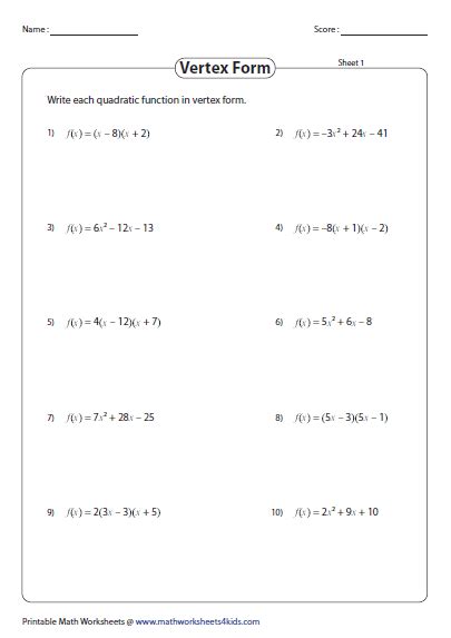 Quadratics Vertex Form Worksheet