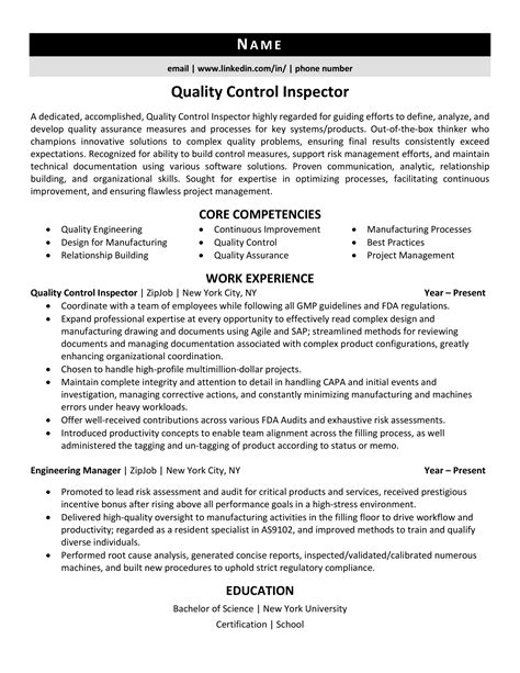 Aircraft Quality Control Inspector Resume Example Company Name