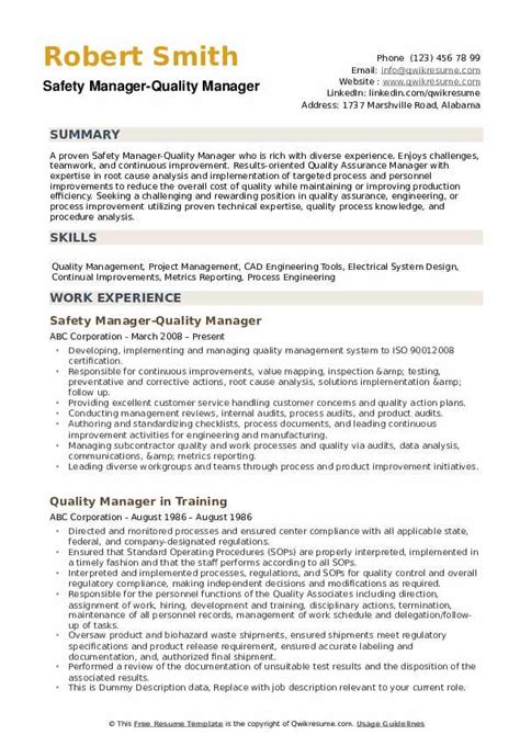 Quality Manager Resume Sample