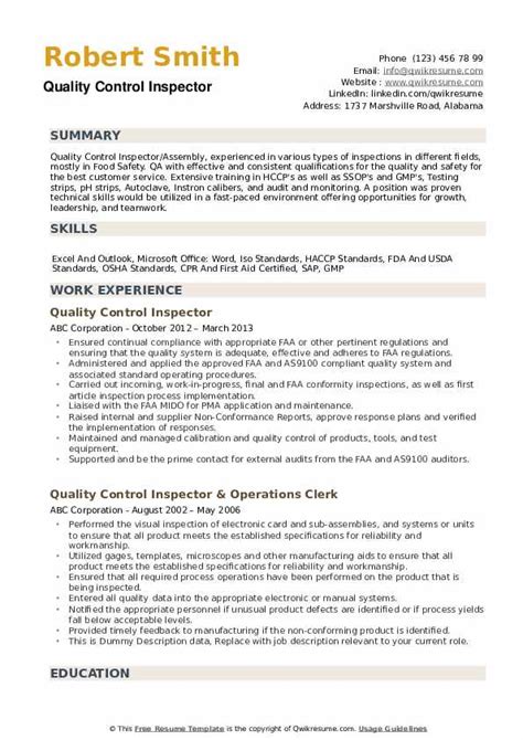 Aircraft Quality Control Inspector Resume Example Company Name