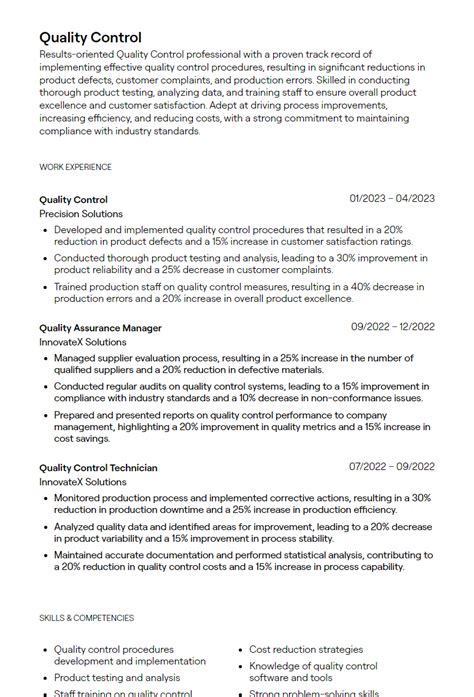 Quality Controller Resume