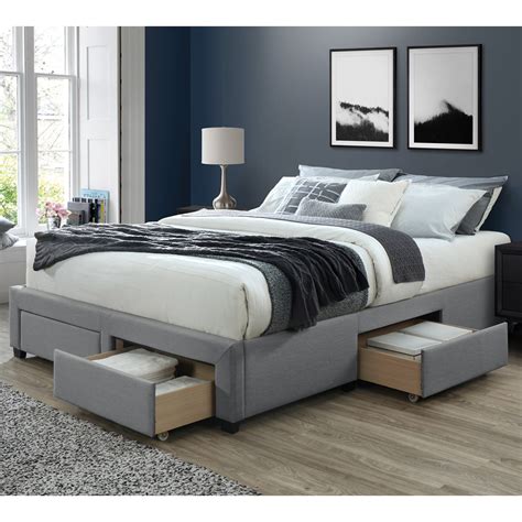 DG Casa Cosmo Upholstered Platform Bed Frame Base with Storage Drawers, Queen Size in Grey Linen