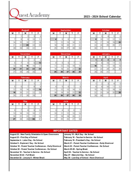Quest Academy Calendar