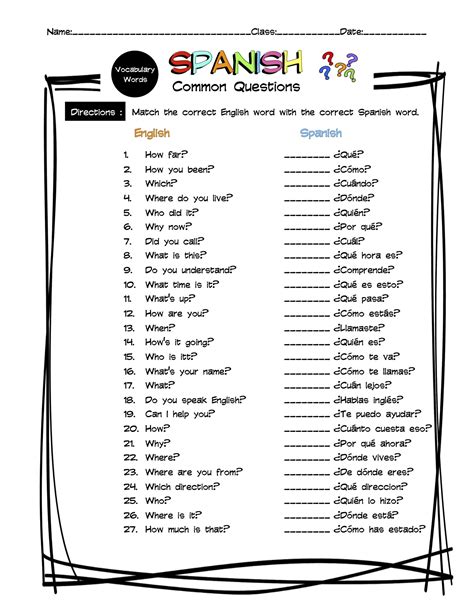 Question Words In Spanish Worksheet