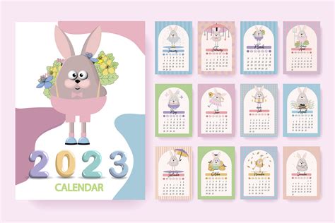 Calendar 2023 with cute rabbits. children's poster. Year of the cat and