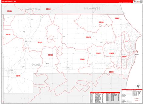 Racine Wisconsin Zip Code Wall Map (Red Line Style) by MarketMAPS