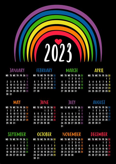 Free Printable Calendar Rainbow Colors 2023