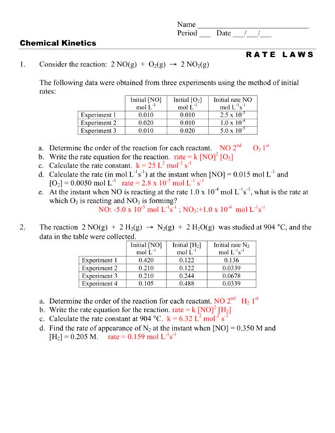 Rate Law Worksheet With Answers