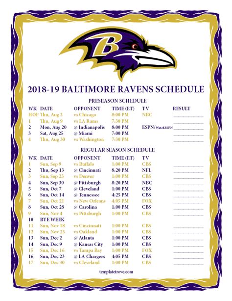 Ravens Printable Schedule