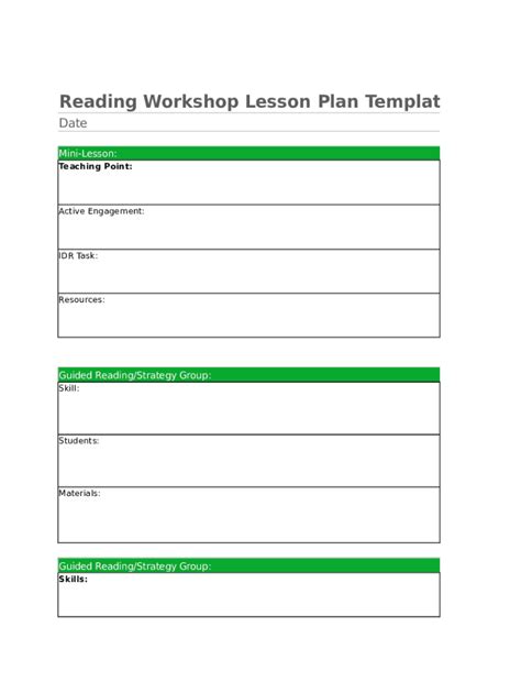 Reading Workshop Lesson Plan Template
