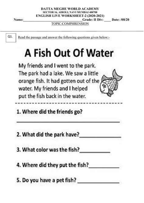 Reading Comprehension Worksheets Grade 2 | Theme Library