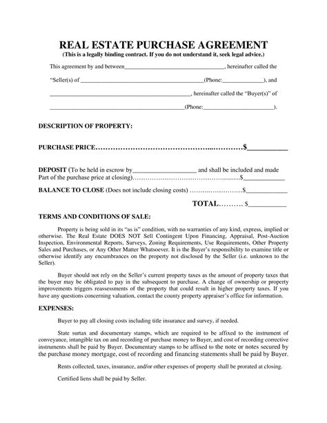 Real Estate Purchase Contract Template Free