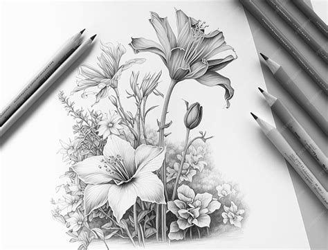 Realistic flower drawing composition