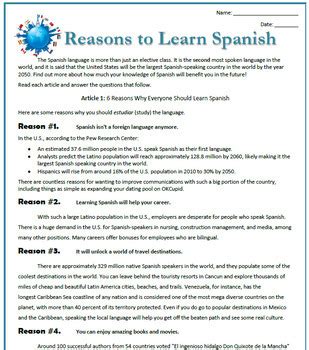 Reasons To Learn Spanish Worksheet Answer Key