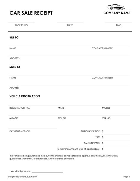 Receipt Template For Selling A Car Privately