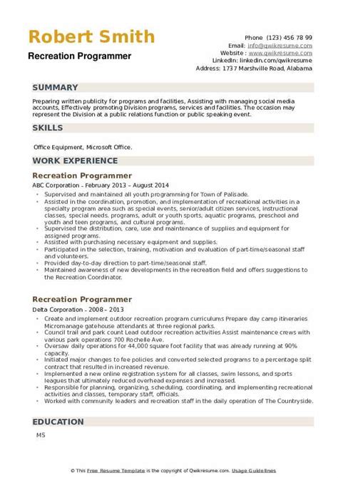 Recreation Coordinator Resume Samples QwikResume