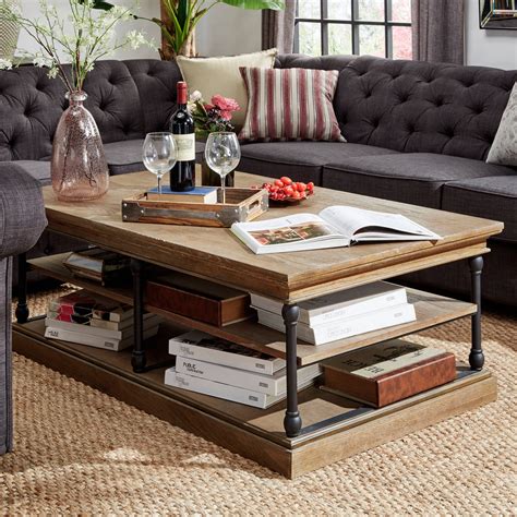 2 Tiers Rectangle Coffee Table with Storage Shelf Mteal Frame,Brown 20" height