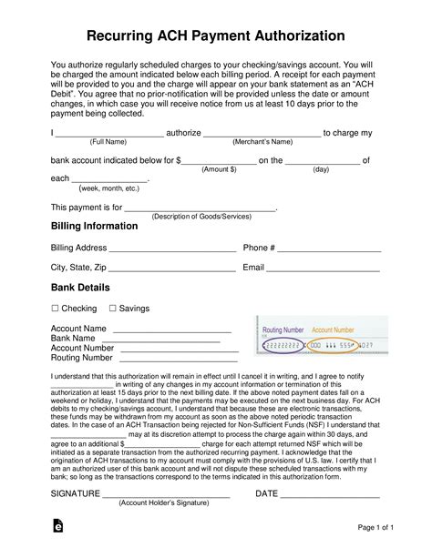 ACH recurring payment authorization form in Word and Pdf formats