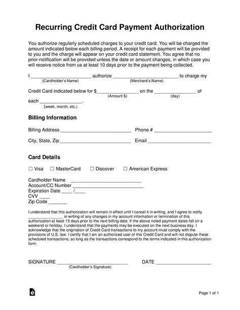 ACH recurring payment authorization form in Word and Pdf formats