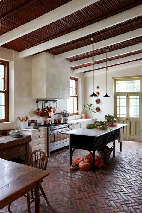Red Brick Floor in Kitchen in 2019 Brick floor kitchen, Kitchen flooring, Off white kitchens
