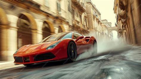 A red Ferrari speeding on a road
