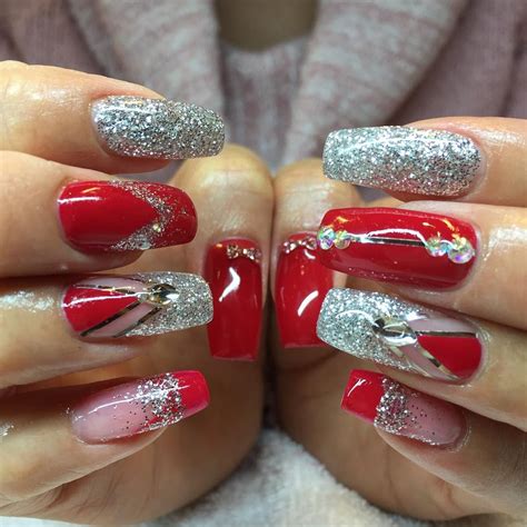 Red Nails With Silver Design
