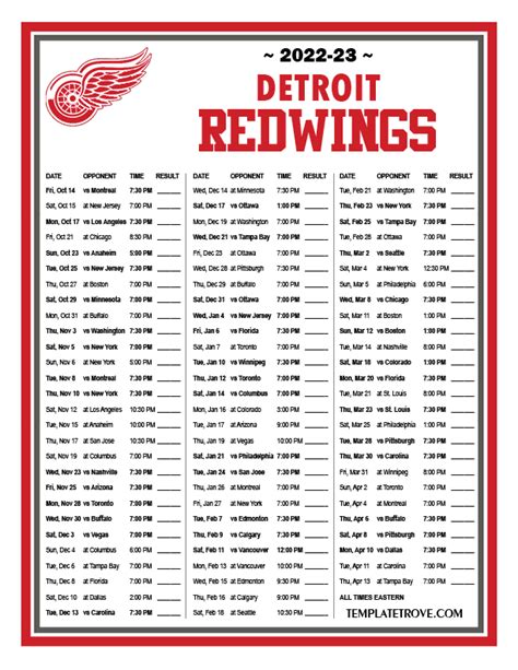Red Wings Schedule 2022-23 Printable