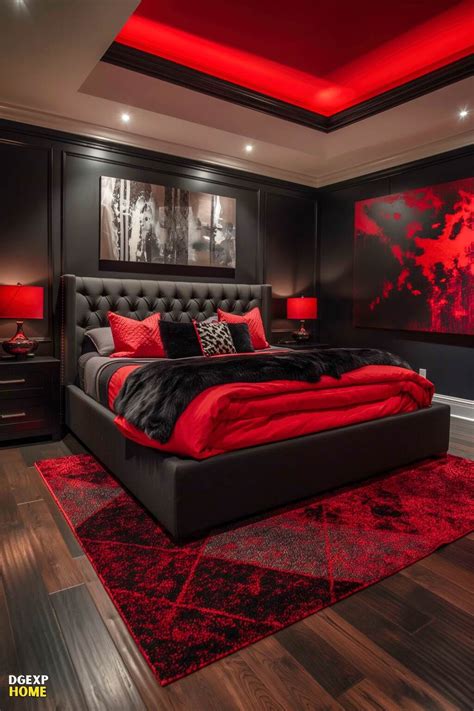 Red and black bedroom decor with a touch of restraint
