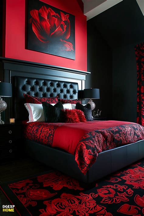 Red and black bedroom decor with bold patterns
