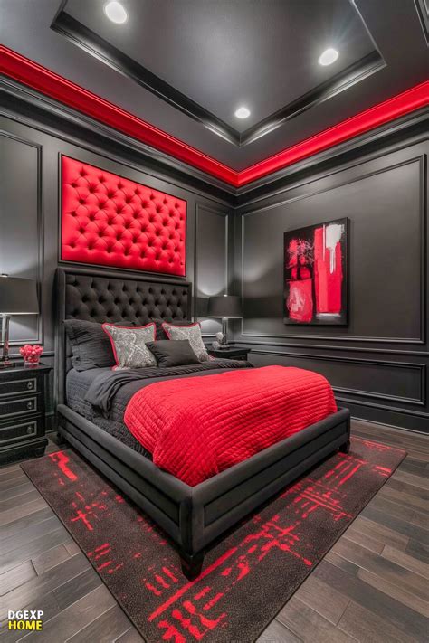 Red and black bedroom decor with rich textures