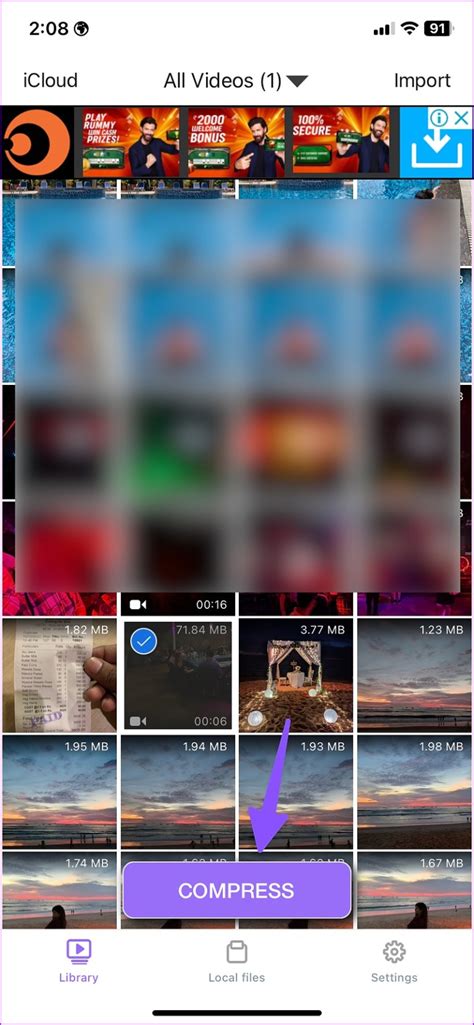 Reduce video size using a third-party video compressor app