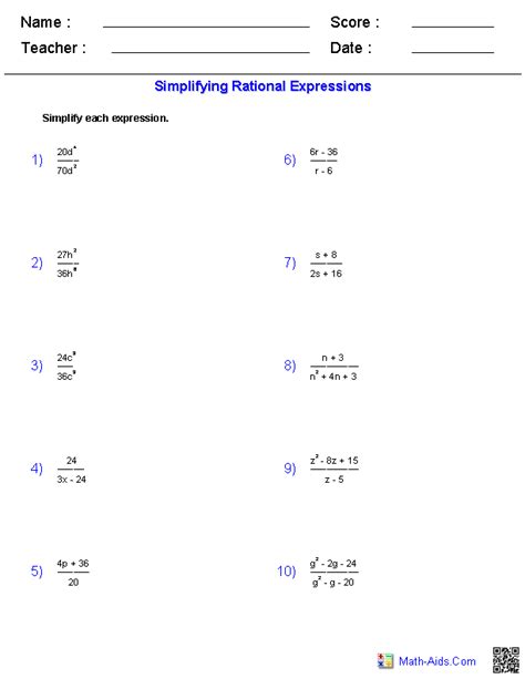 Reducing Rational Expressions Worksheet