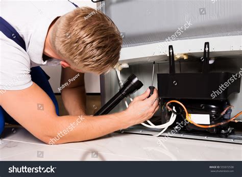 Refrigerator Repair Technician Checking Components