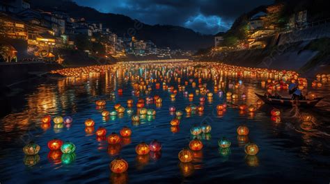 Releasing lanterns on river